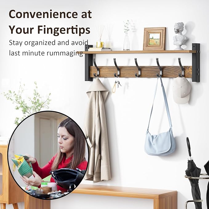 Coat Rack Wall Mount with Shelf, 24 Inch Coat Hanger Walls Mounted, Hat Rack - Image 5