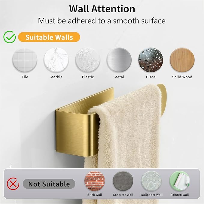 2 Pack Gold Hand Towel Holder, Adhesive Towel Bars Wall Mounted, 8 Inch Square - Image 5