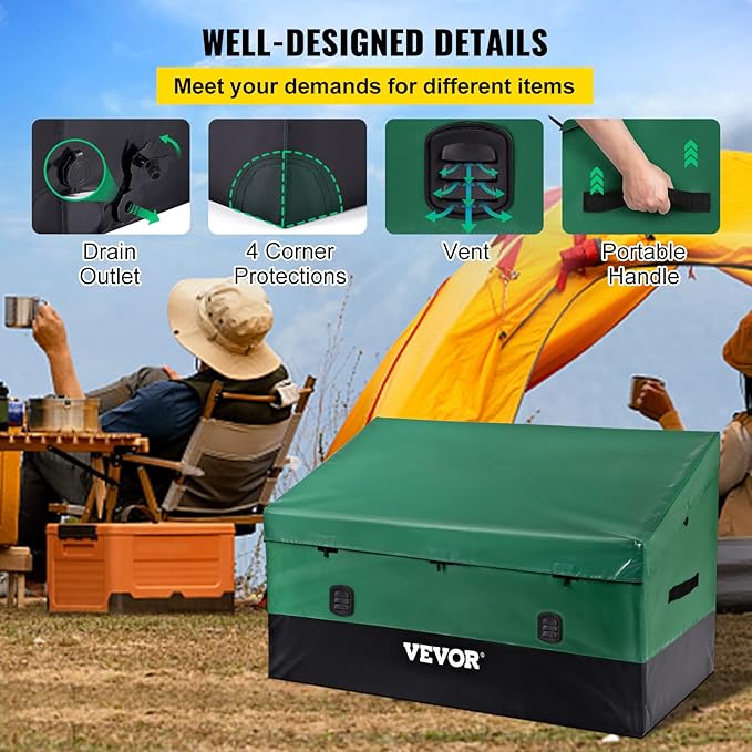 VEVOR Outdoor Storage Box, 150 Gallon Waterproof PE Tarpaulin Deck Box w/Galvanized Frame, All-Weather Protection & Portable, for Camping, Garden, Poolside, and Yard, Black & Green - Image 5