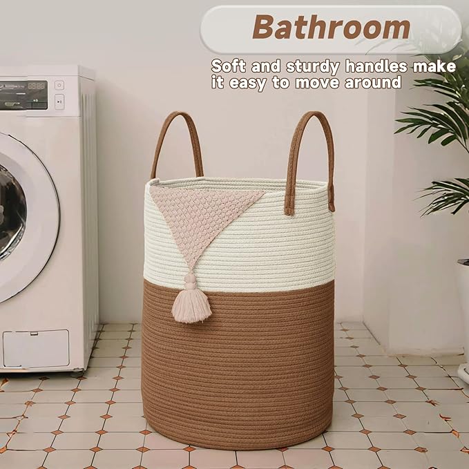 Large Woven Laundry Basket Hamper, 60L Cotton Rope Storage Bin - Image 5