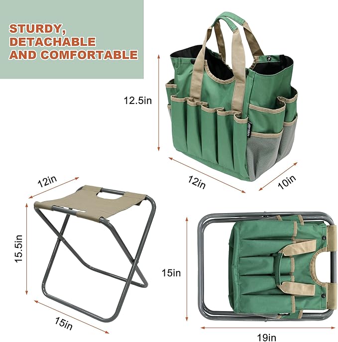 MDSTOP Folding Gardening Stool with Detachable Storage Tote Bag, Gardening Tools Set Organizer for Fishing Outdoor Sports Hiking Camping Garden, Gardening Gifts for Mom/Dad and Gardeners (Polyester) - Image 3