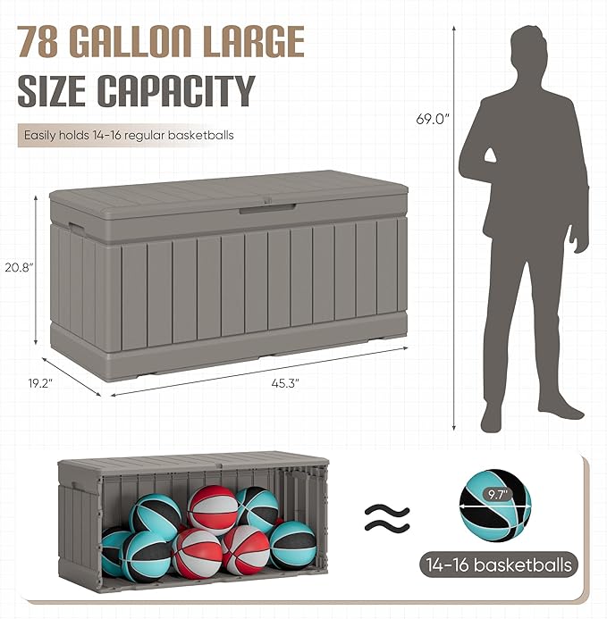 JUMMICO 78 Gallon Outdoor Deck Box Large Resin Storage Box for Patio Furniture Cushions and Garden Tools (Light Brown) - Image 5