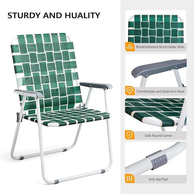 VINGLI Patio Lawn Webbed Folding Chairs Outdoor Beach Portable Camping Chair for Yard, Garden (2, Dark Green, Oversized) - Image 4