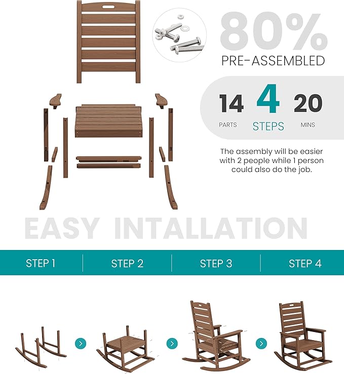 SERWALL Outdoor Rocking Chair Set of 2, Oversized Rocking Chair with Footboard for Adults, HDPE All Weather Resistant Rocking Chairs for Patio, 350lbs Weight Capacity, Brown - Image 8