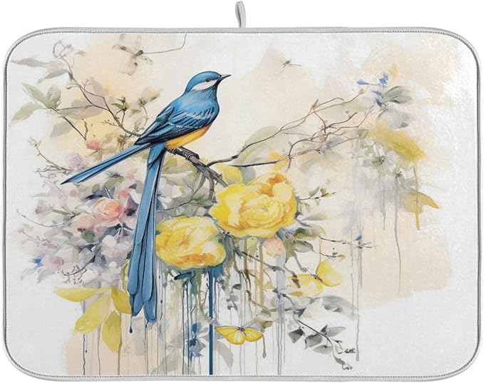 ALAZA Spring Blue Bird with Yellow Flowers Butterflies Dish Drying Mat by ALAZA