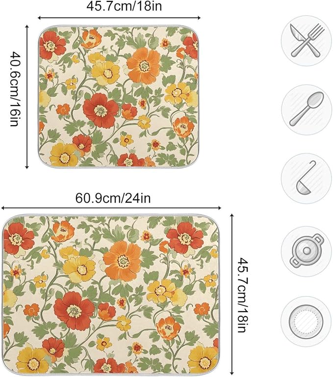 Retro Yellow Orange Flowers Dish Drying Mat - Image 3