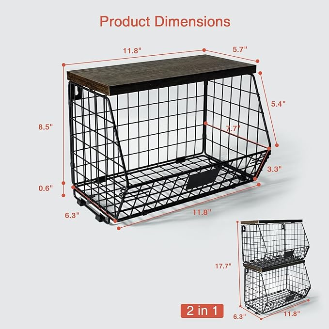 Hanging Wall Fruit Basket for Kitchen Counter 2 Pack, Stackable Wire Baskets - Image 7
