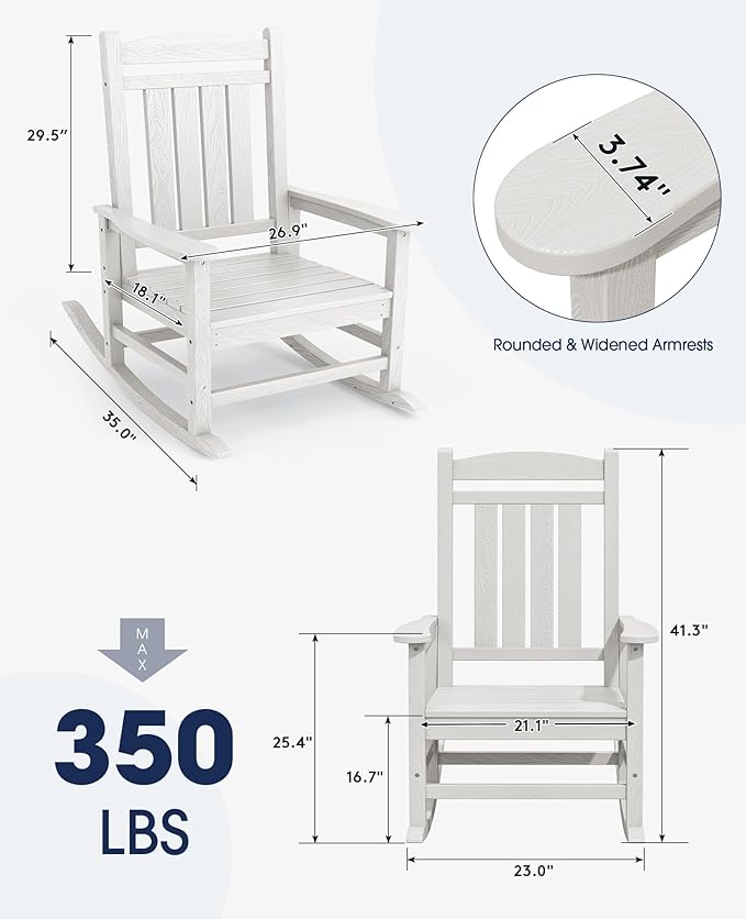 KINGYES HDPE Outdoor Rocking Chair, Widened Seat Patio Rocking Chair, Oversized All Weather Patio Rocker, White - Image 3