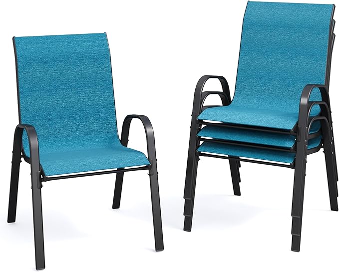 Patio Dining Chairs Set of 4, Stackable Dining Chairs High Back, Breathable Seat Fabric and Alloy Steel Frame Fit Backyard, Porch, Lawn，Poolside (Sky Blue) by VonzoyHome