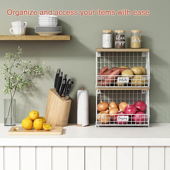 White Fruit Storage Basket for Kitchen Counter Set of 2, Wall Mount Wire Fruit - Image 2