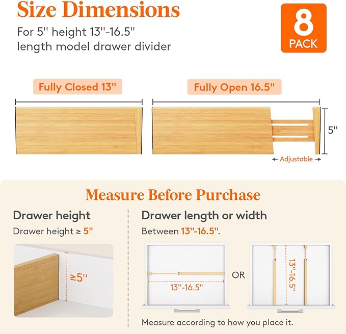 Lifewit 5" High 8 Pack Bamboo Drawer Dividers 33-42cm/13-16.5" Adjustable - Image 2