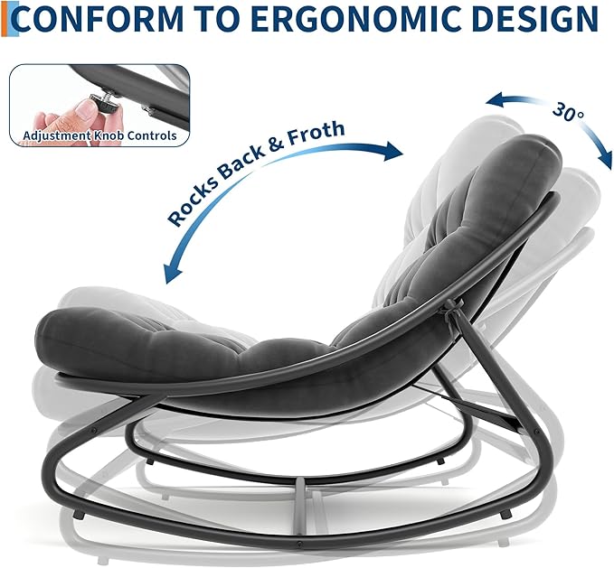 IDEALHOUSE Outdoor Rocking Chair with Metal Frame, Adjustable Papasan Rocker, Waterproof Comfy Cushion, 450lbs Capacity, for Patio, Porch, Garden, Living Room, Dark Grey - Image 3