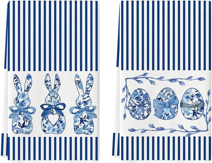 Artoid Mode Blue Stripe Rabbit Bunny Eggs Easter Kitchen Towels Dish Towels by ArtoidMode