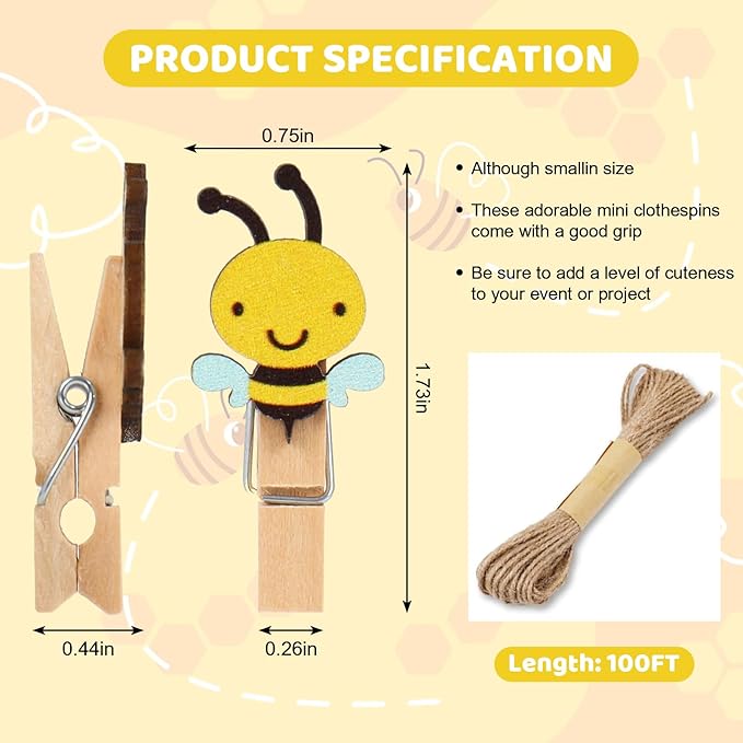 50Pcs Bee Wooden Clip with Jute Twine Cute Clothespin Craft Clip Decorative - Image 2