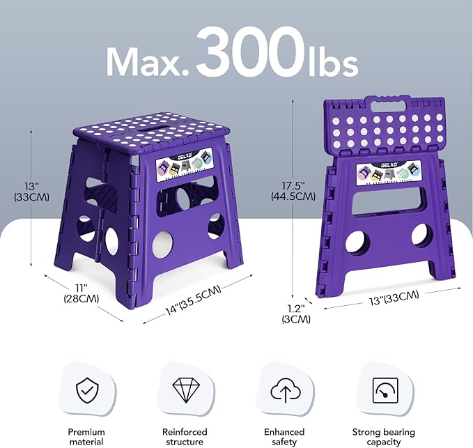 Delxo Folding Step Stool, 13 inch Non-Slip Foldable Stools Up to 300 LBS, Step Stool with Handle, Lightweight for Kitchen, Bathroom, Bedroom, Garden, Purple, 1PC - Image 2