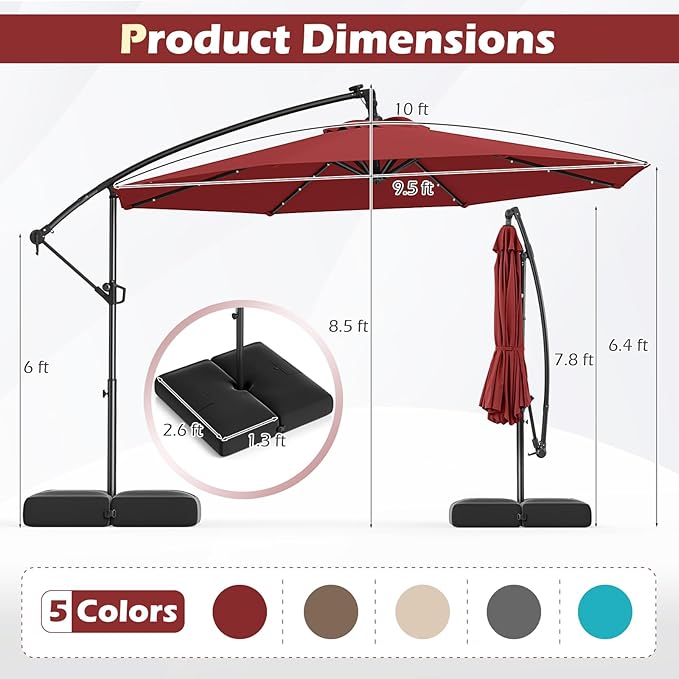 Tangkula 10ft Solar LED Patio Umbrella with Base, Offset Cantilever Outdoor Umbrella with 32 LED Lights, Infinite Tilt, 360 Degree Rotation, Crank Handle for Pool Deck Garden Backyard (Wine) - Image 4