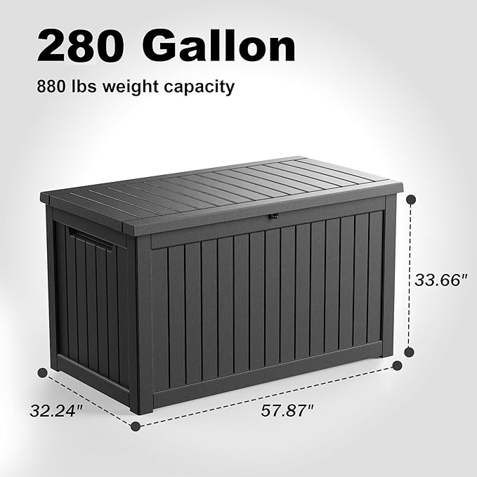 280 Gallon Resin Deck Box, Lockable Weatherproof Outdoor Storage Box for Furniture, Garden Tools and Tools Storage, Waterproof Outside Storage Boxes - Black - Image 3