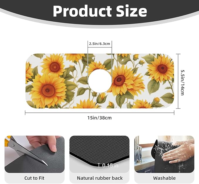 Kitchen Faucet Mat 15 x 5.5 Inch Sunflowers Faucet Draining Mat Absorbent - Image 3