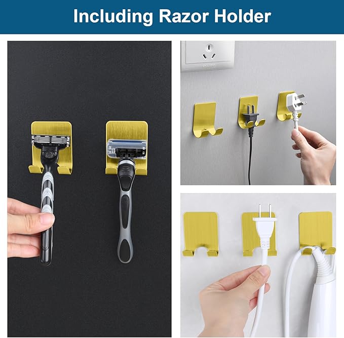 Razor Holder for Shower + Adhesive Wall Hooks, Premium 304 Stainless Steel - Image 2