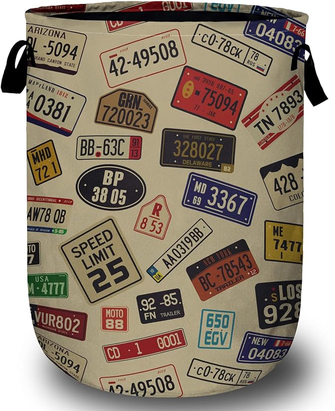 Colourful Car Number Plates Laundry Basket, Laundry Hamper Collapsible Oxford by ANTJOO