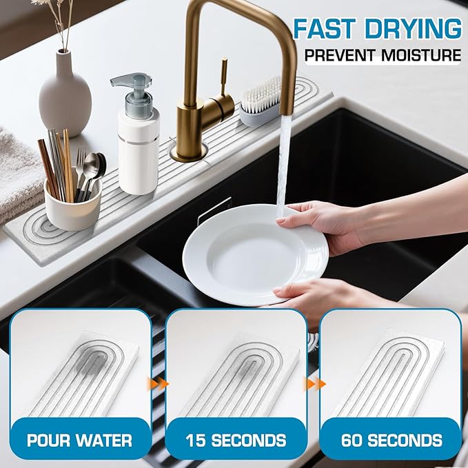 Faucet Mat for Kitchen Sink, Diatomite Quick Drying Tray, Long 23.6'' Kitchen - Image 2