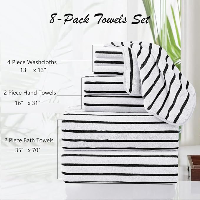 Oliven 8 Pcs Black White Cabana Stripe Large Bath Towel Set Oversize Bath - Image 4