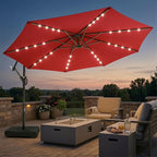 wikiwiki 10ft Solar LED Patio Umbrella with Base Included, Offset Umbrella with Weighted Sandbag Base, Cantilever Patio Umbrellas for Backyard, Garden & Deck, 32 LED Lights & Polyester Shade, Red by WikiwikiPatioUmbrellas