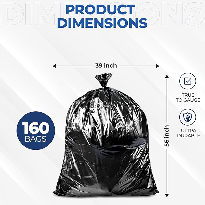 55 Gallon Large Trash Bags – 160 Mega Pack – 20 Micron Black Contractor Garbage - Image 2