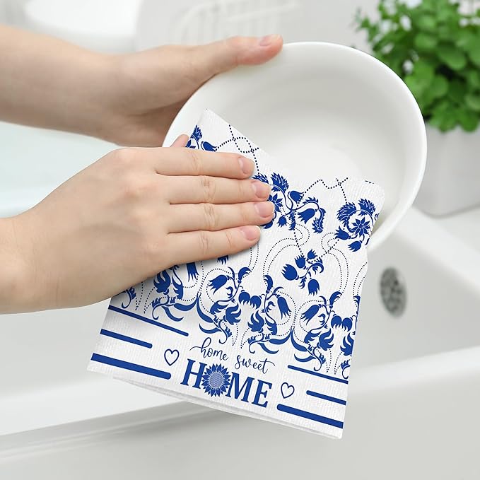 Blue Kitchen Towels Decorative Set of 2, Absorbent Boho Floral Dish Towels - Image 4