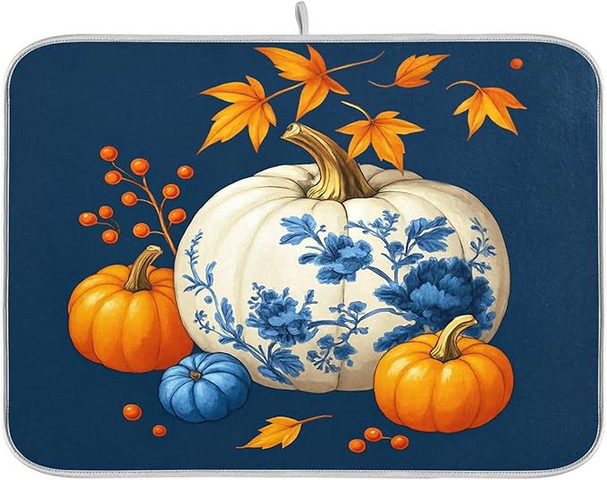 Pumpkin Porcelain Blue White Dish Drying Mat by Wamika