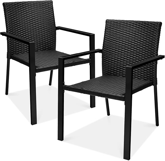 Best Choice Products Set of 2 Stackable Outdoor Wicker Dining Chairs All-Weather Firepit Armchair w/Armrests, Steel Frame for Patio, Deck, Garden, Yard - Black by BestChoiceProducts