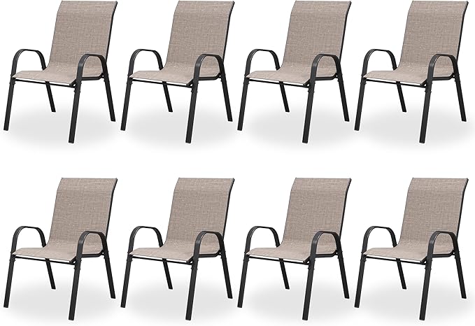 Patio Dining Chairs Set of 8, Outdoor High Stacking Chairs，Breathable Seat Fabric and Alloy Steel Frame for Backyard, Porch, Garden, Sunroom (Light Brown) by VonzoyHome
