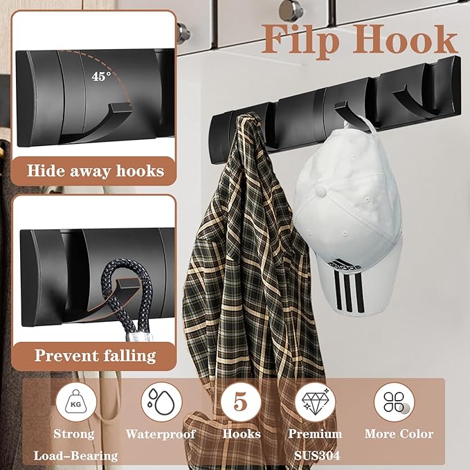 Folding Coat Hooks, Wall Mounted Coat Rack - Image 2