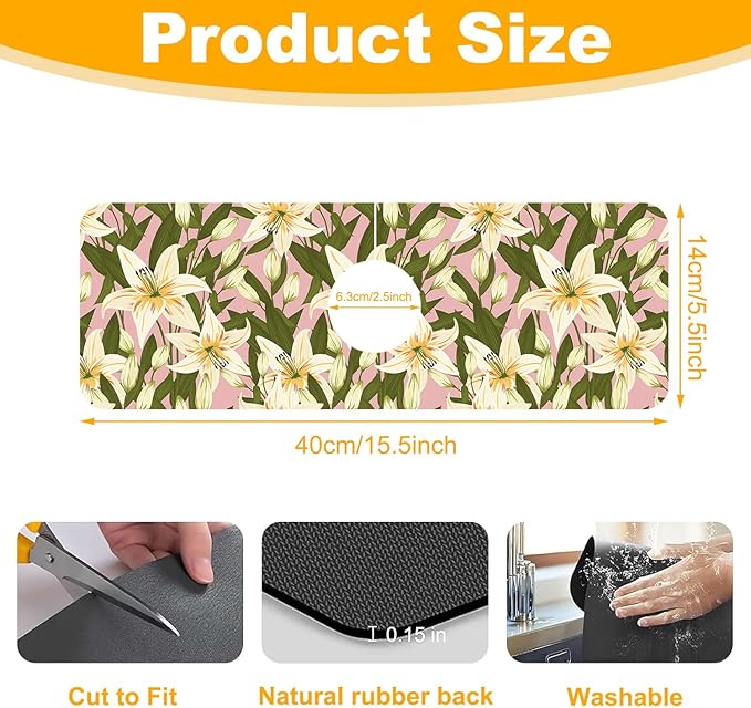 2 Pack Vintage Flowers Leaves Sink Faucet Absorbing Mat Colorful Llilies Super - Image 2