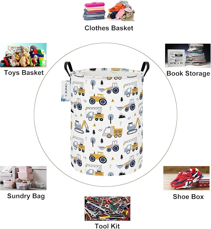 Round Foldable Laundry Hamper Kids Forest Vehicles Excavator Boys Gift Basket - Image 3