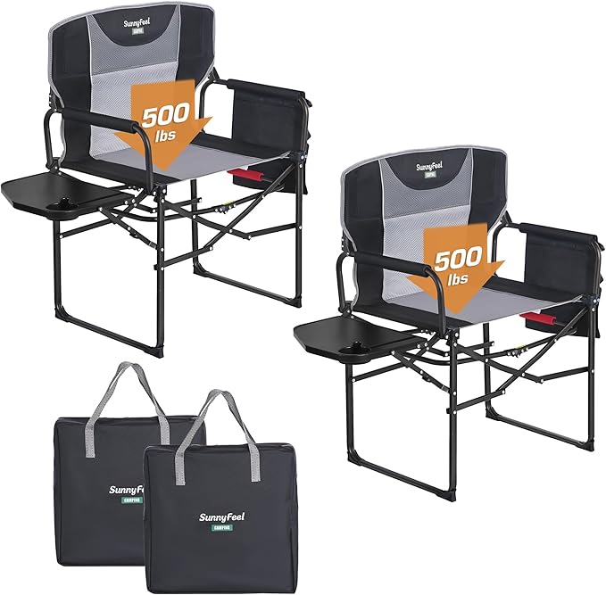 SUNNYFEEL Oversized Camping Directors Chair 500 LBS Heavy Duty, Portable Folding Chair with Side Table, Pocket for Beach, Fishing,Trip,Picnic,Lawn,Concert Outdoor Foldable Camp Chairs by SunnyFeelCamping