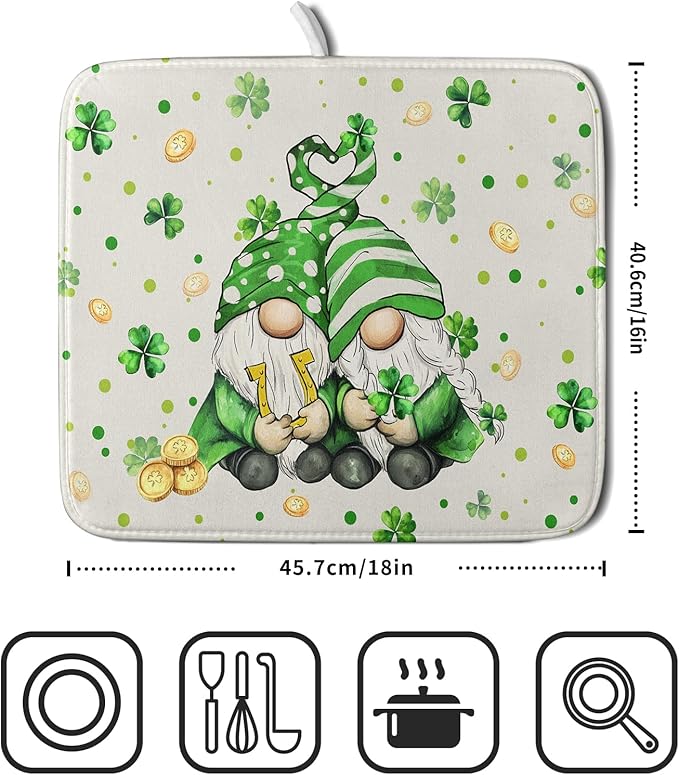 St Patrick's Day Gnome Dish Drying Mat 16x18 inch Lucky Shamrock Absorbent - Image 2