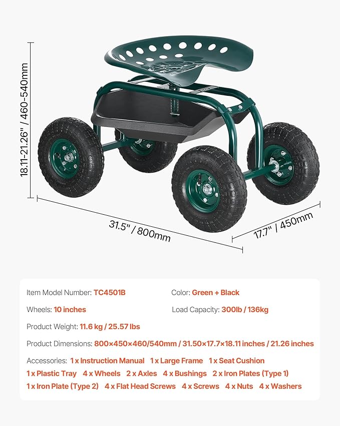 VEVOR Rolling Garden Cart with Swivel Seat, Heavy Duty Garden Seat with Storage Basket & Tool Tray, 300 lbs Weight Capacity, Outdoor Utility Gardening Stool Scooter for Lawn Yard Planting Weeding - Image 7