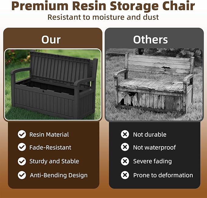 EasyUp 80 Gallon Wood Grain Style Outdoor Storage Bench, Waterproof and Lockable Deck Box Outdoor Storage Furniture for Patio,Garden,and Porch – Perfect for Storing Garden Tools and Cushions(Black) - Image 7
