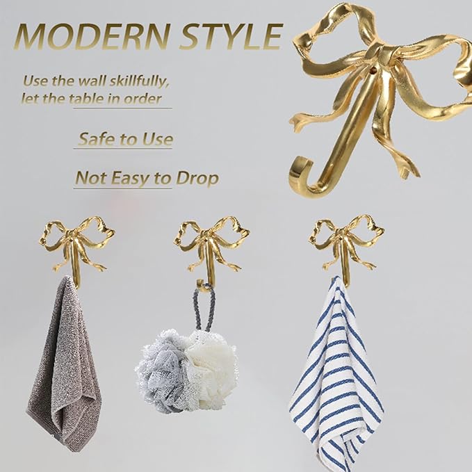 2-Pack Gold Bow Wall Hooks Gold Brass Coat Hook Home Decorative Hook Bow-Knot - Image 4