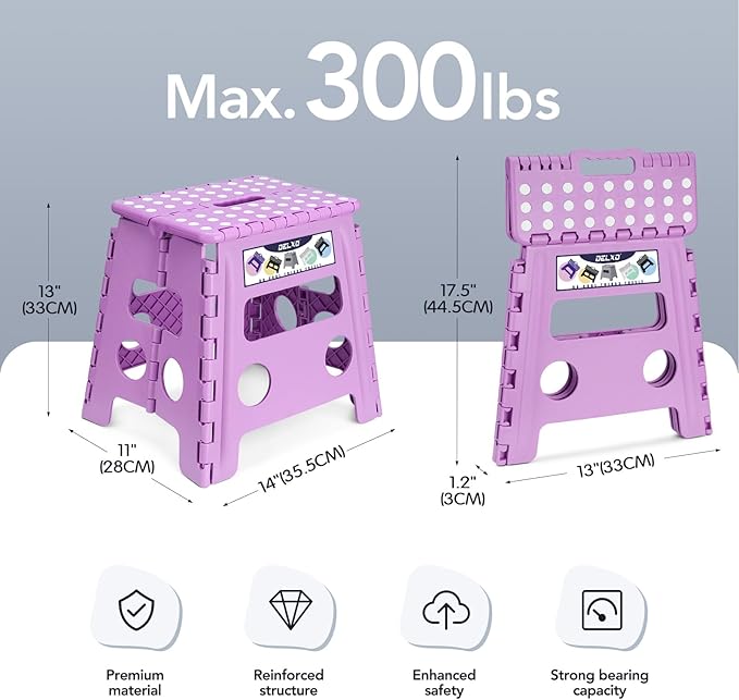 Delxo 13 inch Folding Step Stool, Non-Slip Foldable Stools Up to 300 LBS, Step Stool with Handle, Lightweight for Kitchen, Bathroom, Bedroom, Garden, Light Purple, 1PC - Image 2