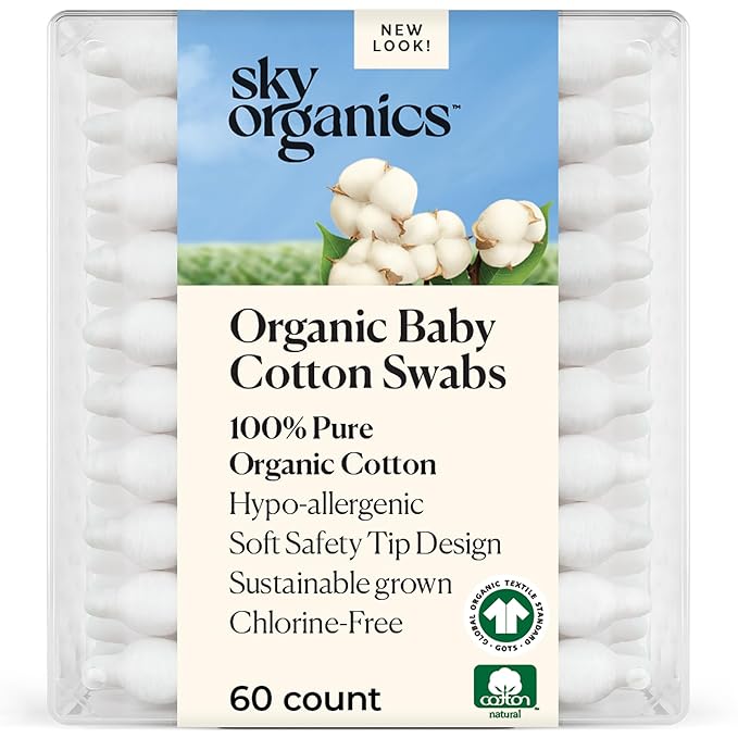 Sky Organics - Organic Baby Cotton Swabs, 60 ct. - Ultra Soft Baby Safe Tips - by SkyOrganics