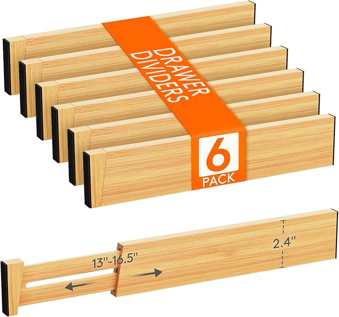 Lifewit 2.4" High 6 Pack Bamboo Drawer Dividers 33-42cm/13-16.5" Adjustable by Lifewit