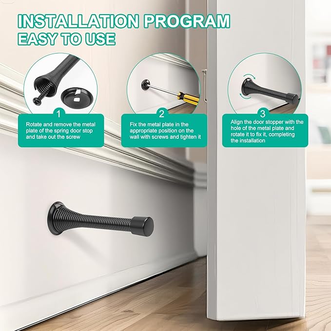 6 Pack Black Spring Door Stops, 3-1/4" Heavy Duty Wall Mount Door Stoppers - Image 5