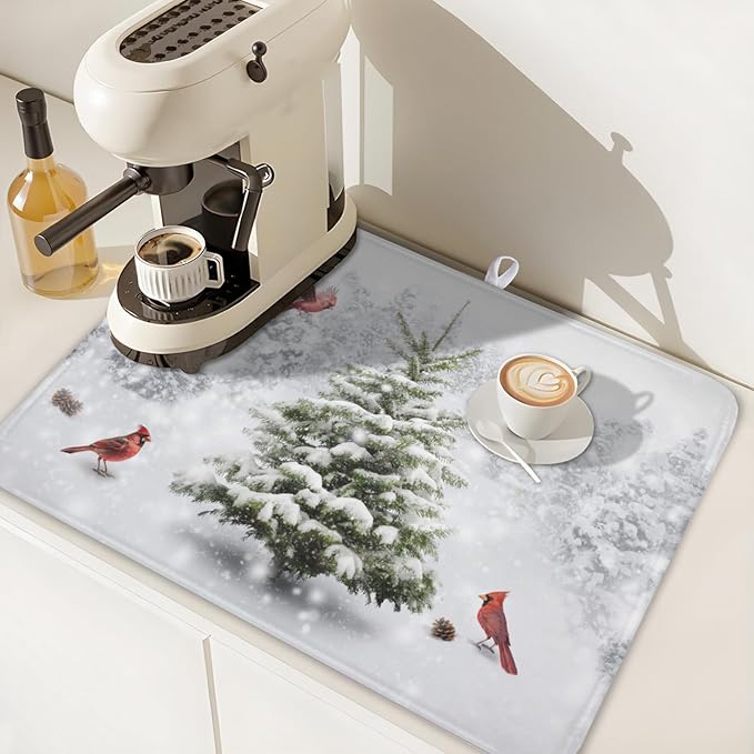 Winter Forest Dish Drying Mat for Kitchen Counter Silvery White Pine Trees Snow - Image 7