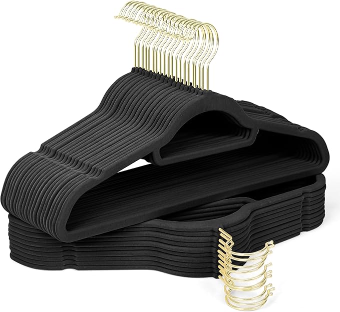 Velvet Hangers 30 Pack with Gold Hooks, Non-Slip Slim Felt Hanger by Sishynio