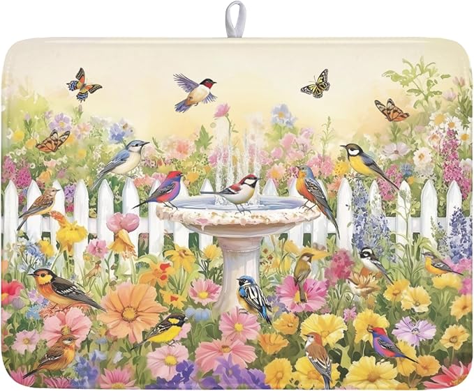 Spring Summer Floral Birds Dish Drying Mat by Kawani