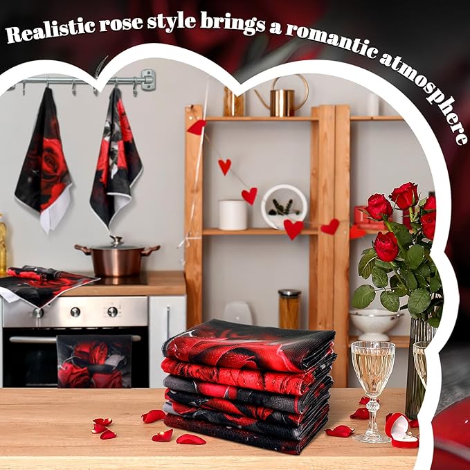 Breling Set of 6 Red Rose Kitchen Towels Vintage Themed Dish Towel Bathroom - Image 5
