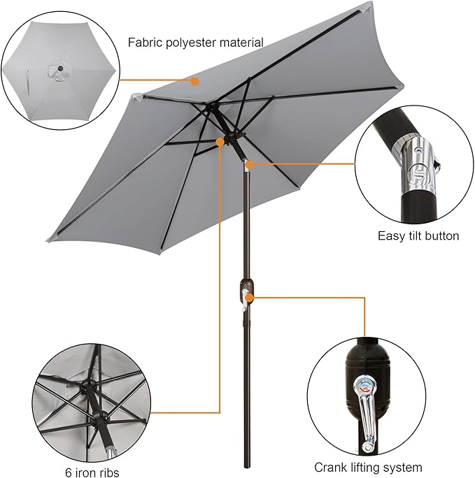 Blissun 7.5 ft Patio Umbrella, Yard Umbrella, Outdoor Market Umbrella with Push Button Tilt Crank, Grey - Image 2