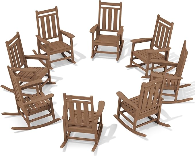 KINGYES Oversized Outdoor Rocking Chair Set of 8, All-Weather Patio Rocking Chairs for Porch, HDPE Outdoor Patio Rockers with High Back & Wide Seat for Garden, Lawn, Brown by KINGYES